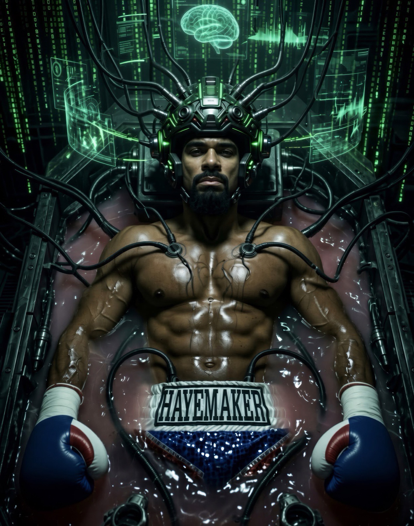 David Haye, gloves laced, wired into a training pod.