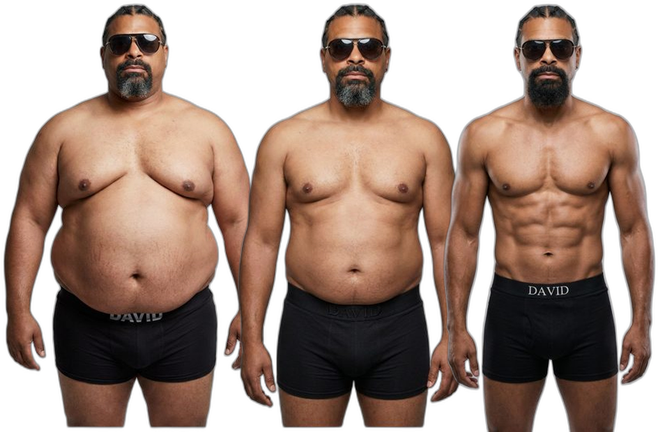 David Haye at 40%, 25% and 10% body fat — same muscle, less fat